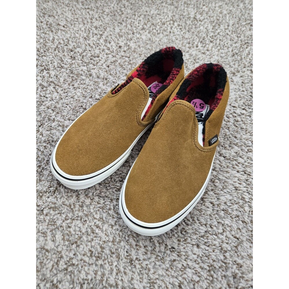 Vans Slip-On Sneakers in Mustard Suede with Red/Black Plaid Lining